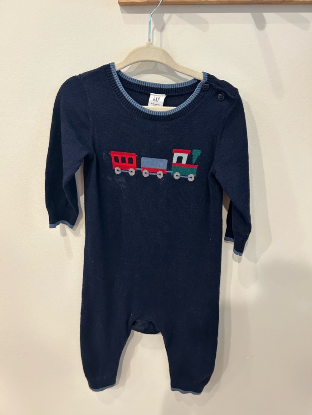 GAP Navy Knit Footie with Colorful Train